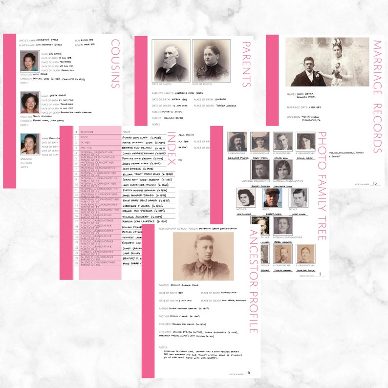 Core 50 Page Family History Bundle Pink Digital Download - Family Tree Notebooks