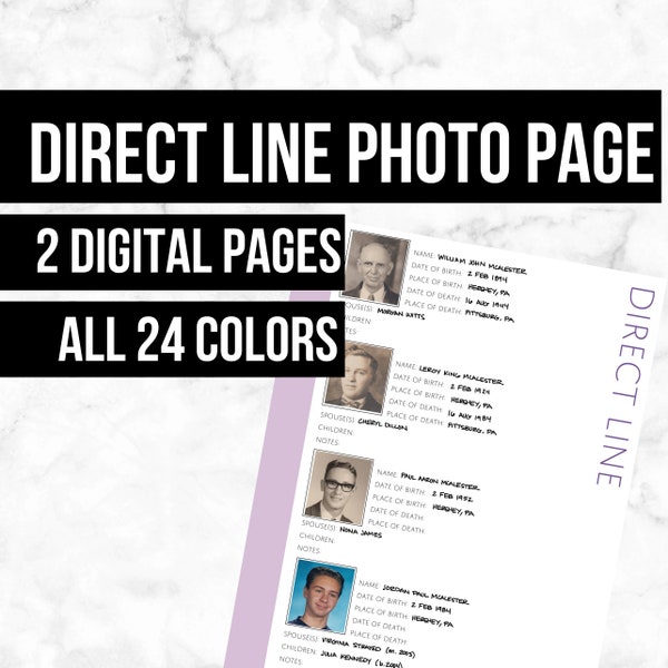 Direct Line Photo Page: Printable Genealogy Form (Digital Download) - Family Tree Notebooks
