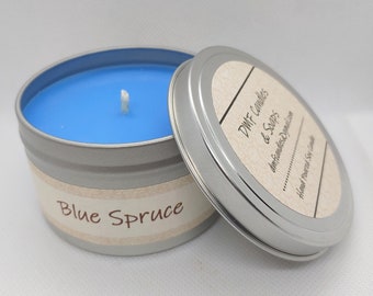 Blue Spruce, soy candle, 8 oz tin, Blue candle, scented candle, container candle