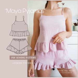 Conjunto de pijama MAYA, pantalón corto, top y ropa de dormir, patrón de costura imprimible, tamaño A4, carta A0, PDF, descarga digital, instrucciones de costura XS-XL + videotutorial.