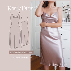 KRISTY Cami Cowl Neck Silk Slip Dress Printable Sewing Pattern A4 pdf Digital Download XS-XL sizes Clear Sewing Instructions Video Tutorial