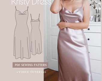 KRISTY Cami Cowl Neck Silk Slip Dress Printable Sewing Pattern A4 pdf Digital Download XS-XL sizes Clear Sewing Instructions Video Tutorial