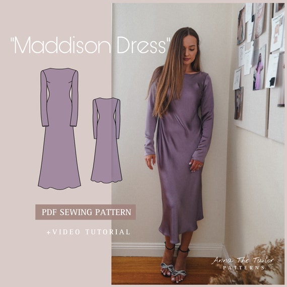 bias cut silk dress pattern MADDISON Sewing Pattern: Long Sleeve (PDF Digital Download) Designed for both glamour pamina Size:5'3