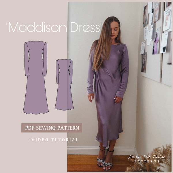 MADDISON long sleeve silk dress Printable Sewing Pattern A4 pdf Digital Download XS-XL sizes with Sewing Instructions + Video Tutorial