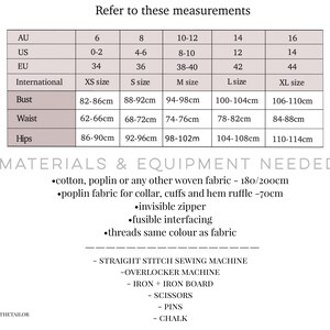 May include: A chart showing size conversions for clothing in Australian, US, EU, and International sizes. The chart also includes bust, waist, and hip measurements in inches for each size.