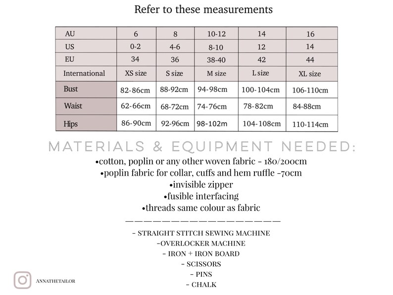 May include: A chart showing size conversions for clothing in Australian, US, EU, and International sizes. The chart also includes bust, waist, and hip measurements in inches for each size.