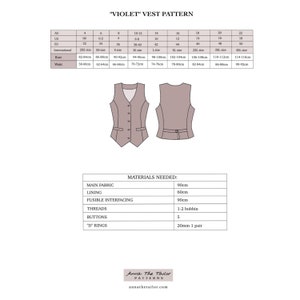 May include: A sewing pattern for a vest, called "Violet", with instructions and measurements for sizes 00-22. The pattern includes a table with measurements for bust and waist in inches.