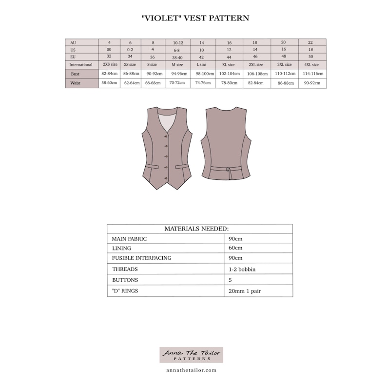 May include: A sewing pattern for a vest, called "Violet", with instructions and measurements for sizes 00-22. The pattern includes a table with measurements for bust and waist in inches.