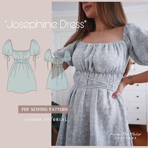 JOSEPHINE Puff Sleeve Dress With Ties Printable Sewing Pattern A4 pdf Digital Download XS-XL sizes Clear Sewing Instructions Video Tutorial