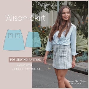 Puede incluir: Un patrón de costura PDF para una falda llamada "Alison Skirt". El patrón incluye instrucciones para una falda con dos bolsillos. El patrón está disponible en tamaños A0, A4 y Carta e incluye un tutorial en video.