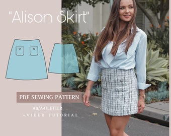 ALISON skirt with pockets Printable Sewing Pattern A0-A4-Letter pdf Digital Download 2XS-2XL sizes with Sewing Instructions + Video Tutorial