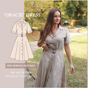 May include: A beige dress with short sleeves, a collared neckline, and a belted waist. The dress is buttoned down the front and has a flared skirt. The image also includes a PDF sewing pattern for the "Gracie" dress, with video tutorial.