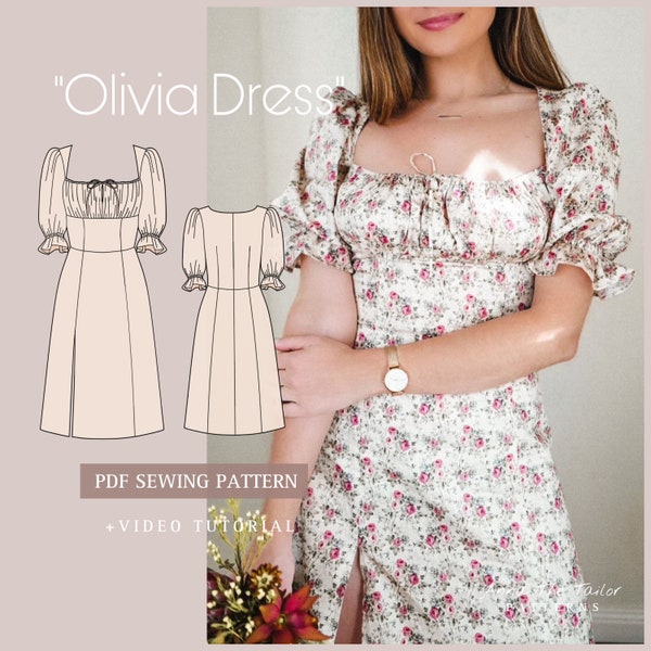 OLIVIA Milkmaid Dress Patrón de costura imprimible Descarga instantánea A4 pdf tamaños XS-XL Instrucciones en video
