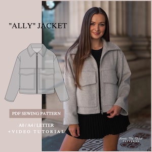 Patrón de costura imprimible para chaqueta ALLY (A0-A4-Carta) en PDF, descarga instantánea digital, tallas 2XS-4XL, con instrucciones de costura y videotutorial.