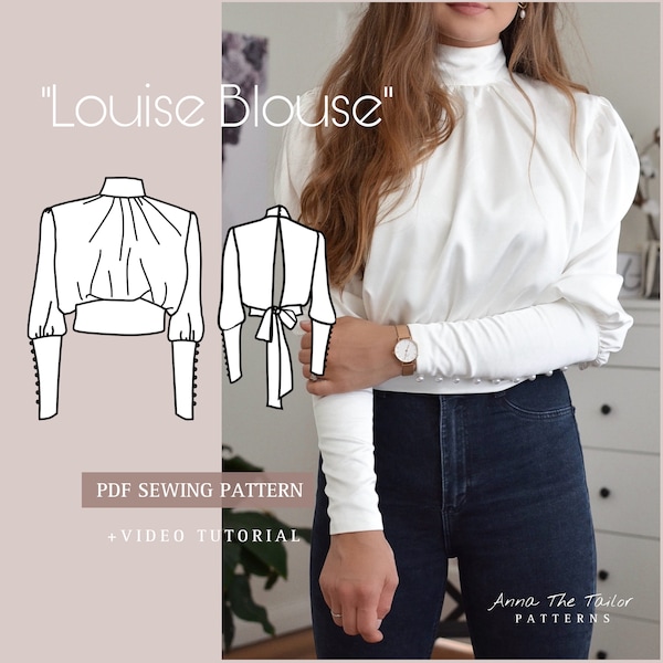 LOUISE Offener Rücken Seidenbluse mit Rückenbindung Druckbares Schnittmuster A4 pdf Digitaler Download XS-XL Größen Nähanleitung Video-Tutorial