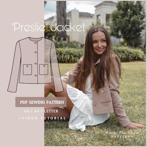 Patrón de costura imprimible para chaqueta PRESLIE, en formato A0-A4-Carta, descarga digital en PDF, tallas 2XS-4XL, con instrucciones de costura y videotutorial