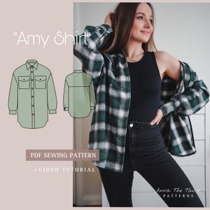 AMY Checkered Shacket Overshirt Printable Sewing Pattern A4 pdf Digital Download XS-XL sizes with Sewing Instructions + Video Tutorial