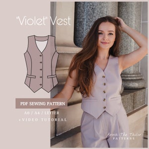 Colete VIOLET Padrão de costura para impressão A0-A4-Letter pdf Download digital tamanhos 2XS-4XL com instruções de costura + tutorial em vídeo
