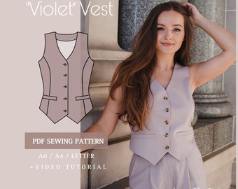 VIOLET vest Printable Sewing Pattern A0-A4-Letter pdf Digital Download 2XS-4XL sizes with Sewing Instructions + Video Tutorial