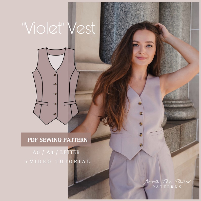 May include: A sewing pattern for a "Violet" vest. The pattern includes instructions for sewing a vest with a V-neck, pockets, and buttons. The pattern is available in A0 and A4 sizes, and includes a video tutorial.
