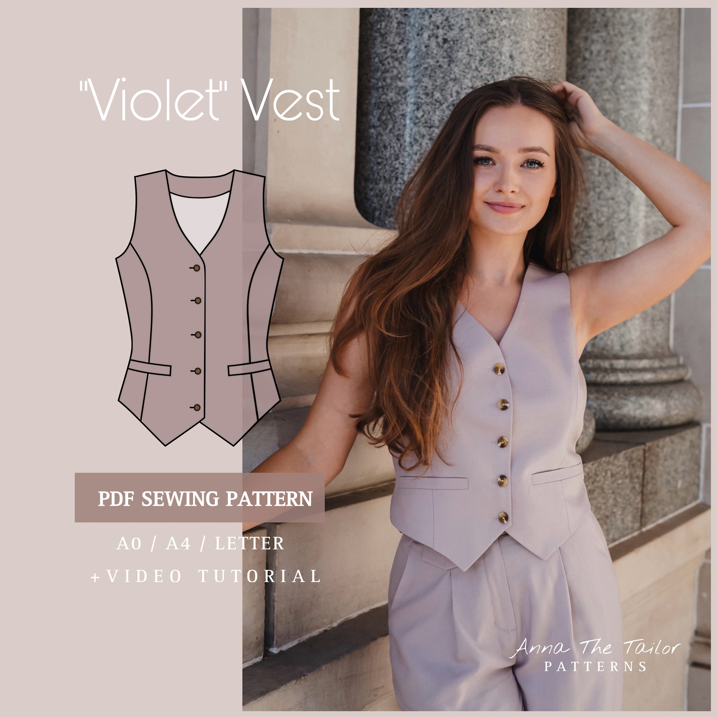 VIOLET vest Printable Sewing Pattern A0-A4-Letter pdf Digital Download 2XS-4XL sizes with Sewing Instructions + Video Tutorial