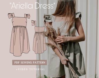 May include: A digital sewing pattern for the "Ariella Dress" with a line drawing of the dress and a photo of a person wearing a similar dress. The pattern includes a video tutorial.