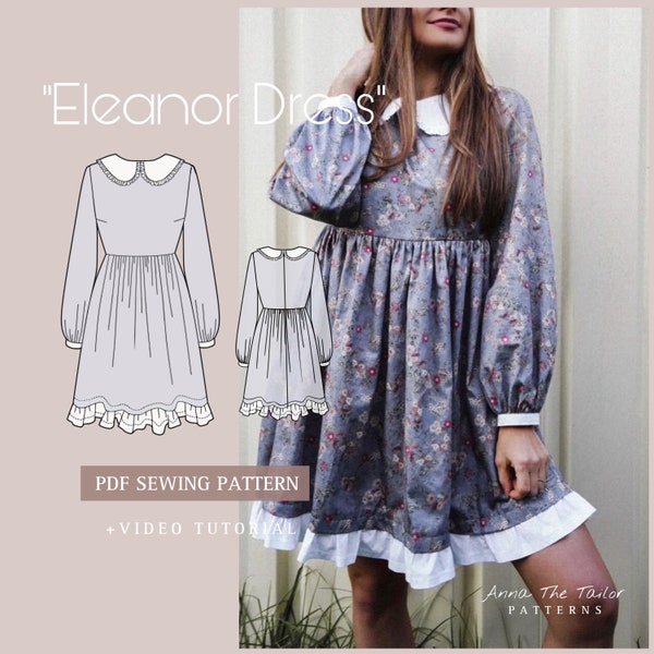 ELEANOR Ruffle Collar Vintage Dress Printable Sewing Pattern A4 pdf Digital Download XS-XL sizes Clear Sewing Instructions Video Tutorial