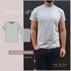Könnte beinhalten: Ein Schnittmuster für ein "Steve T-Shirt" mit einem Video-Tutorial. Das Schnittmuster ist für ein einfaches, kurzärmeliges T-Shirt mit Rundhalsausschnitt.