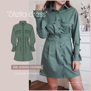 Stella Button Up Shirt Dress Printable Sewing Pattern A4 pdf Digital Download XS-XL sizes Sewing Instructions Video Tutorial