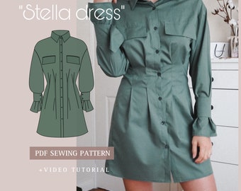 Peut inclure: Patron de couture numérique pour une robe verte "Stella" de style chemise, à manches longues et à taille cintrée. Le patron comprend un tutoriel vidéo.