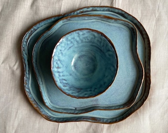 Ensemble turquoise mat bleu himalayen, ensemble de vaisselle en céramique fait à la main, assiette à dîner, assiette à salade, assiette à dessert, bol à soupe