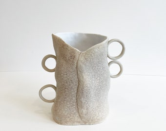 Porcelain Warped White Glazed Bone Textured Vase With Four Handles