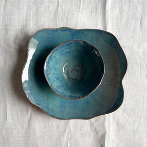 Termeh Stoneware Shiny Glazed Peacock Blue Two-Piece Set, Pasta Plate, Salad Plate, Dessert Plate, Small bowl