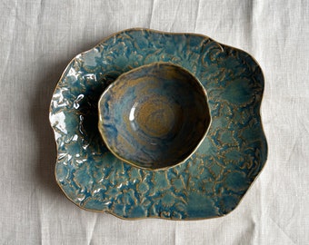 Conjunto de pratos de cerâmica Termeh, esmalte texturizado floral azul e verde (tigela separada)