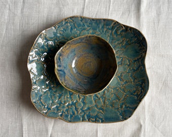 Termeh Stoneware Shiny Glazed Blue Green Floral Textured Two-Piece Set, Pasta Plate, Salad Plate, Dessert Plate