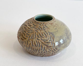 Small Stoneware Glazed Carved Vase