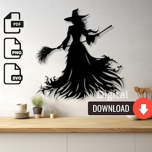Witch with Broom, Digital Download SVG, PNG, PDF, Laser cutting, cricut, plasma cutting, glowforge file, printable template, clip art