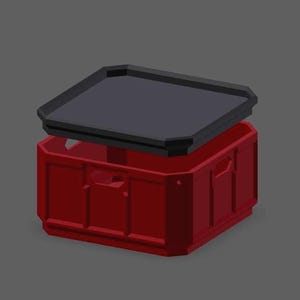 May include: A rectangular red plastic storage crate with a solid black lid positioned on top. The crate features vertical structural ribs along its sides and integrated handle cutouts on the front and side panels, providing a sturdy container.