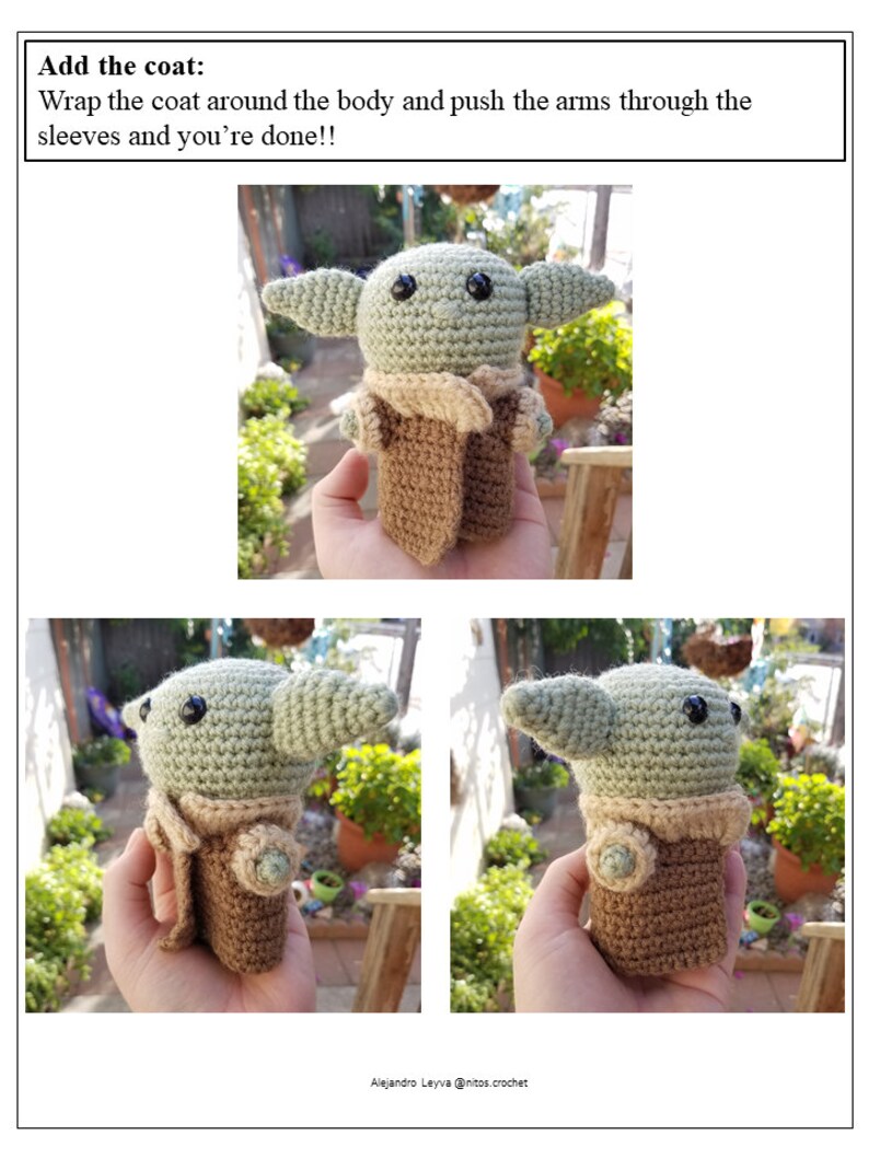 May include: A green crocheted baby Yoda doll wearing a brown crocheted coat. The doll is being held in a hand with a green leafy background.