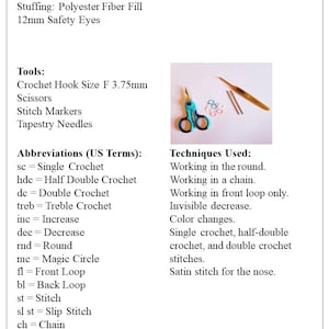 May include: A close-up of crochet supplies, including a crochet hook, scissors, stitch markers, and tapestry needles. The image also includes text listing materials, tools, abbreviations, and techniques used for crocheting.