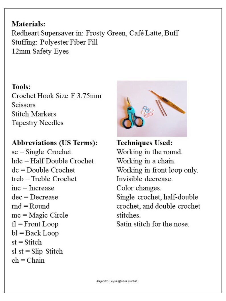 May include: A close-up of crochet supplies, including a crochet hook, scissors, stitch markers, and tapestry needles. The image also includes text listing materials, tools, abbreviations, and techniques used for crocheting.