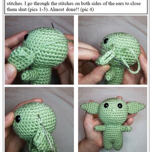 May include: A green crocheted amigurumi toy with large eyes and floppy ears. The toy is being assembled by hand, with the ears being sewn on. The image shows four steps in the process.