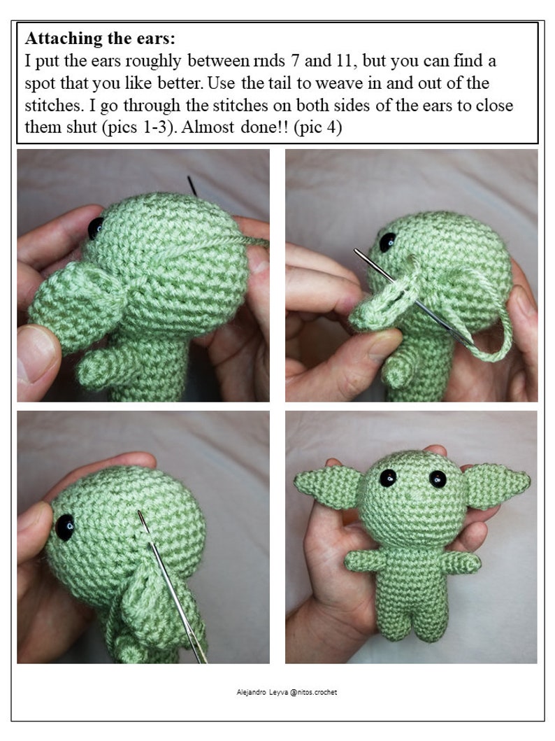 May include: A green crocheted amigurumi toy with large eyes and floppy ears. The toy is being assembled by hand, with the ears being sewn on. The image shows four steps in the process.