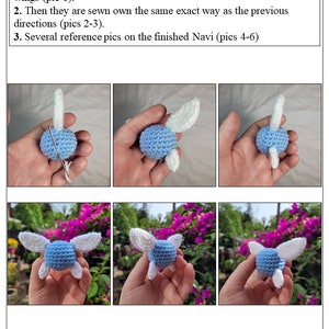May include: A step-by-step guide on how to sew small wings onto a crocheted blue character. The first three images show the process of sewing the wings onto the character, and the last three images show the finished product with the wings attached. The character is a blue sphere with white wings.