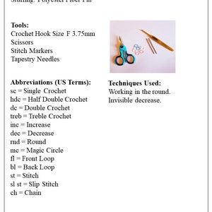 May include: A close-up of crochet supplies, including a crochet hook, scissors, stitch markers, and tapestry needles. The text "Crochet Hook Size F 3.75mm" is visible in the image.