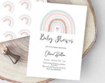 Pastelkleurige regenboog babyshoweruitnodiging: blauwgroen aquarel (afdrukbaar)