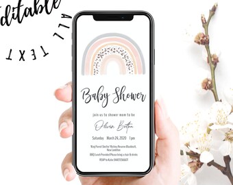 May include: A digital invitation for a baby shower featuring a rainbow design. The invitation includes the text "Baby Shower", "join us to shower mom to be", "Olivia Boton", "Saturday March 24, 2020 1pm", "King Forest Shelter, Whiskey Reserve Blockhouse, New London", "BBQ Lunch Provided Please bring a chair & drink", "RSVP to 6465556667".