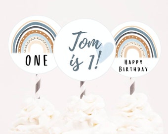 Pastel Rainbow 1st Birthday Cupcake Toppers (Digital File)