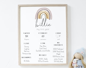 Pastel Earthy Rainbow First Birthday Milestone Board, Rainbow Birthday Milestone Sign, 1st birthday Milestone Poster, Muted Tones, Corjl, 45