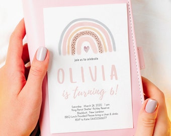 Watercolor Pastel Rainbow 1st Birthday Invitation Girls Birthday Party Muted Tones Rainbow Birthday Invite Printable Baby Girl Boho Corjl 24